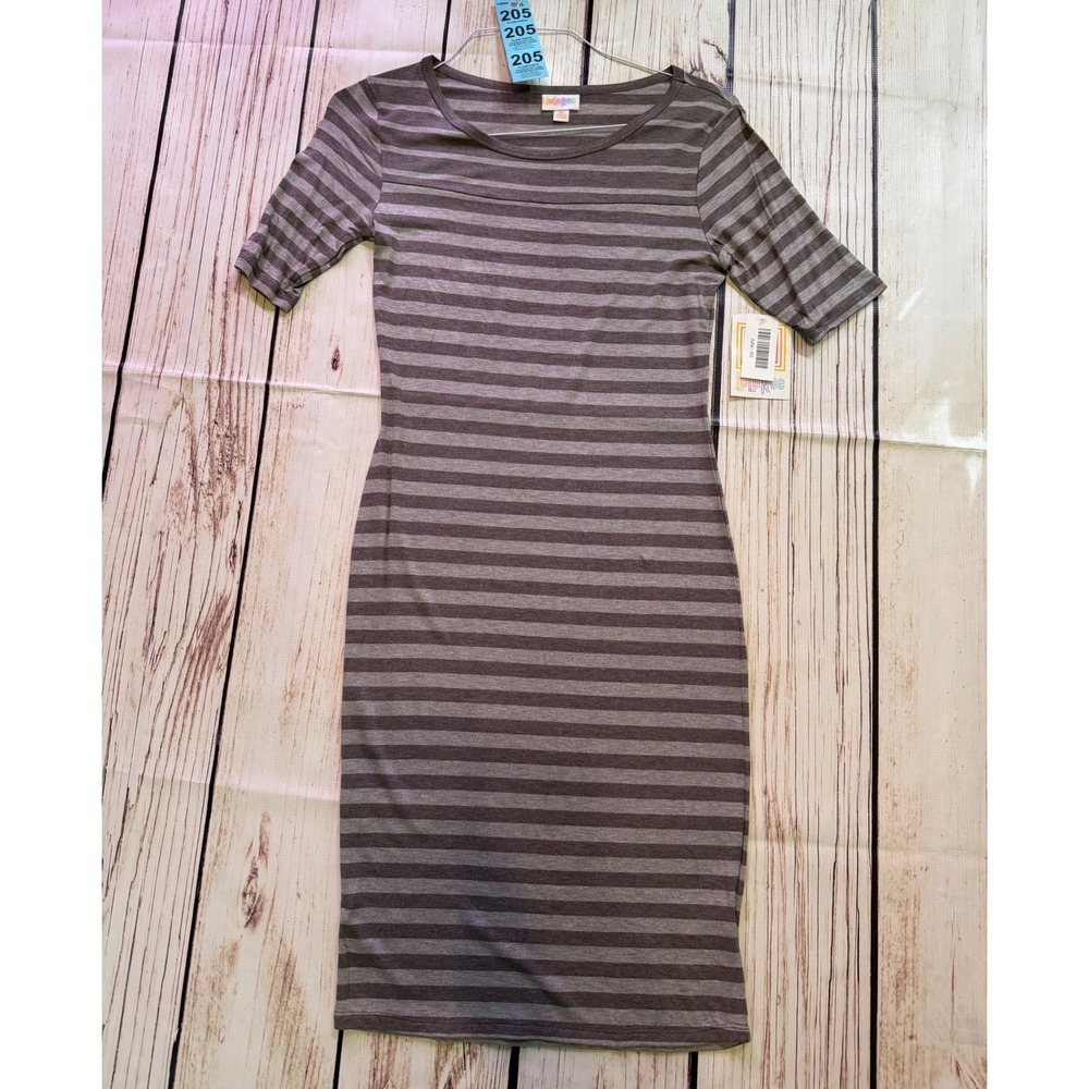 LuLaRoe Julia Dress Womens XS Gray Purple Striped Short Sleeve Sheath Knit NEW